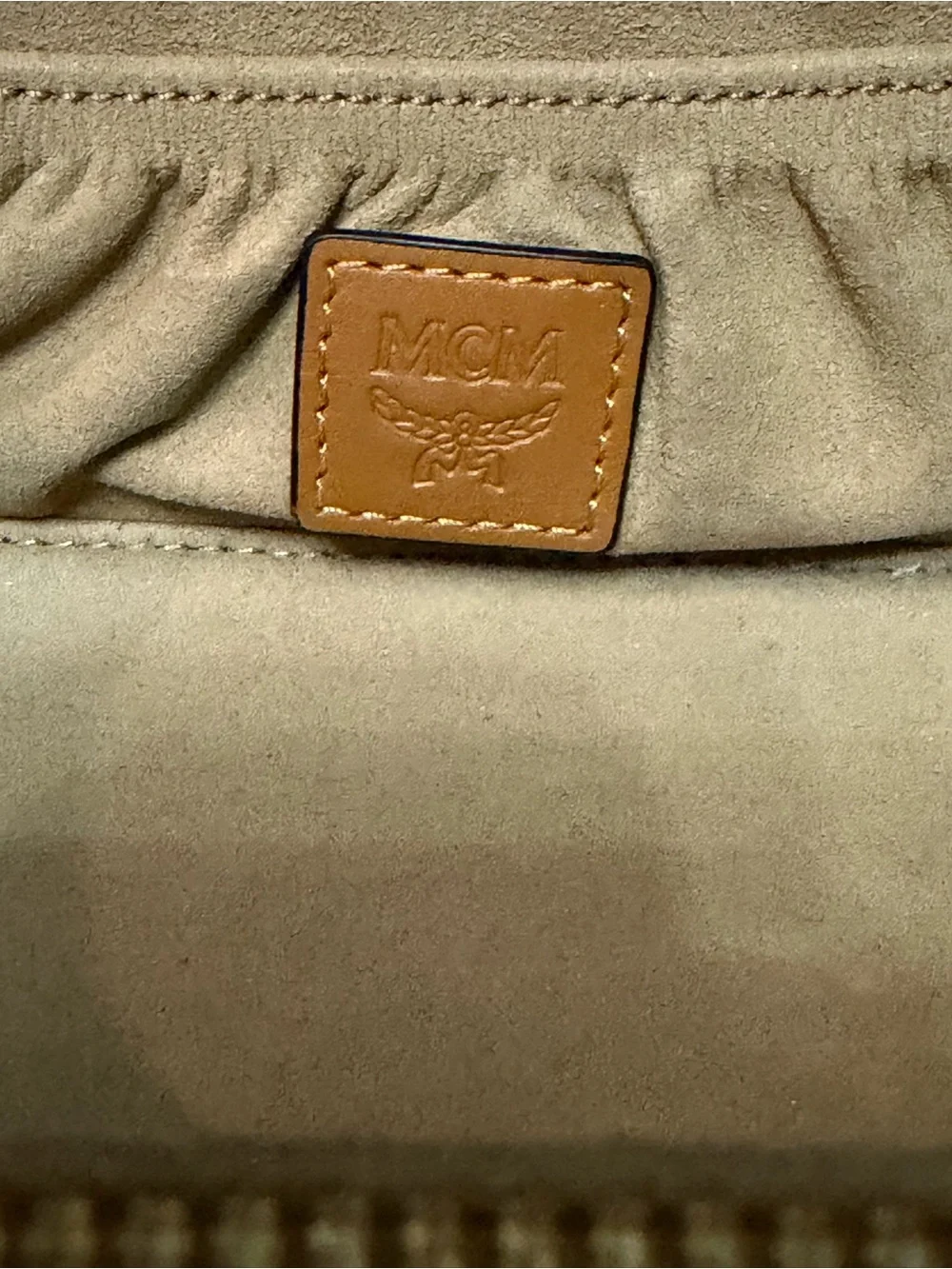MCM Cognac Logo Visetos Leather Vanity Bag with Gold Hardware